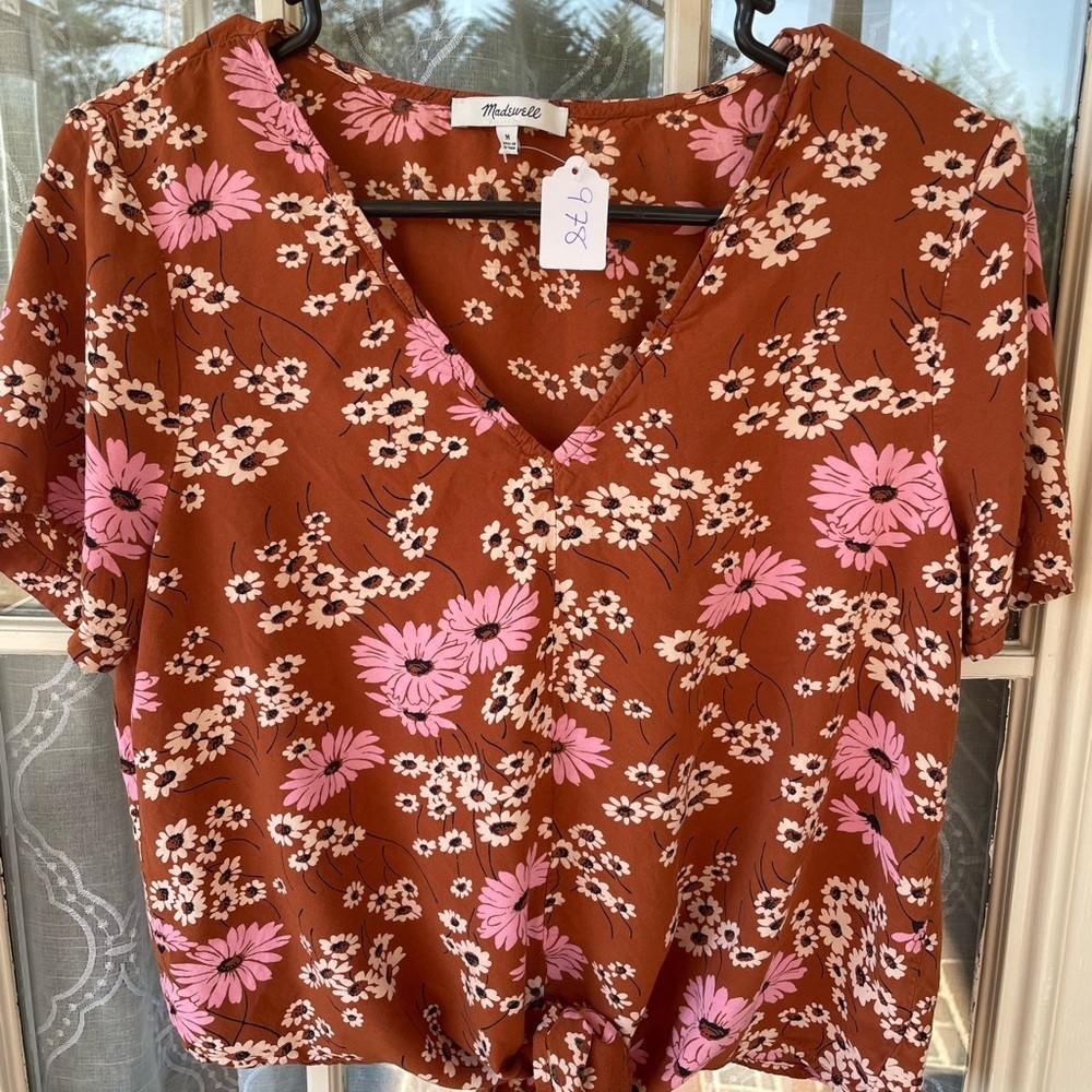Madewell Size M Floral Tie Front Blouse Rust Pink Daisy Print Cottagecore 🌸 - Picture 4 of 5